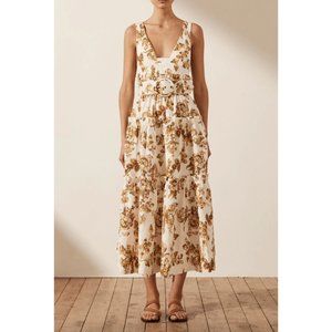 Shona Joy Bella Linen Plunge Tiered Midi Dress - BNWT | US Size 8 | AUS Size 12